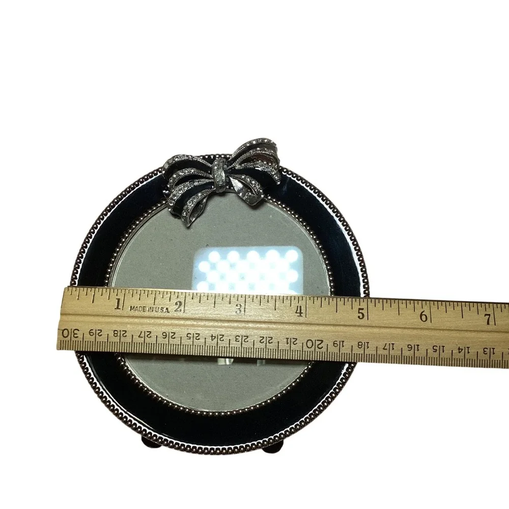 Round Black Enamel Picture Frame with Rhinestone Bow Accent Silver Beaded Trim